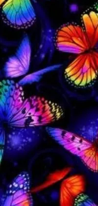 This live phone wallpaper depicts a colorful display of butterflies in airbrush art on a black background