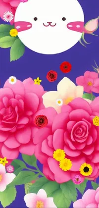 This phone live wallpaper is a beautiful digital painting featuring pink roses on a blue background
