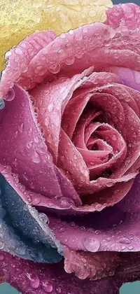 Decorate your phone with a live wallpaper featuring a photorealistic painting of a pink and blue flower adorned with water droplets
