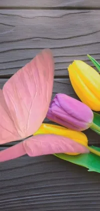 This live wallpaper features a stunning painting of tulips and a butterfly resting on a wooden surface