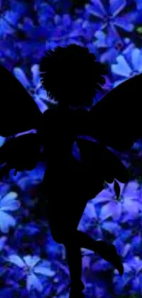 This phone live wallpaper showcases a mesmerizing silhouette of a fairy with delicate wings gracefully flying amidst a captivating blue delphinium background