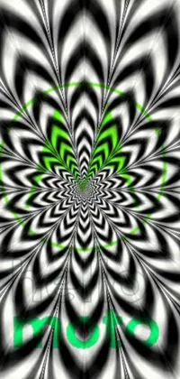 This live wallpaper features a stunning computer-generated black and white flower with bright green swirls and occasional sparkles