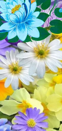 This stunning live wallpaper for your phone features a close-up of a colorful bunch of flowers, with yellow, green, and blue hues creating a mesmerizing effect