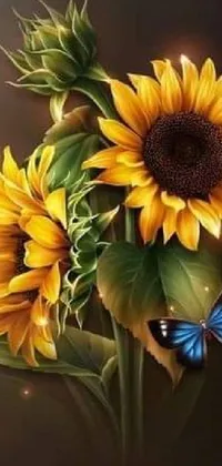 This stunning phone live wallpaper features a beautiful painting of sunflowers and a butterfly in a romanticism style