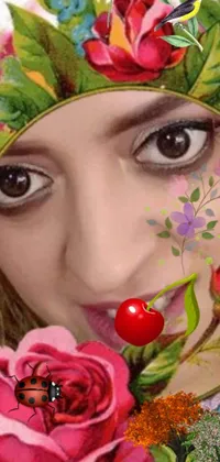 This live phone wallpaper showcases a charming image of a woman with flowers adorning her face