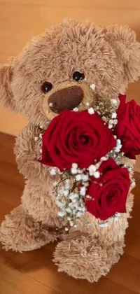 Add a touch of sweetness and beauty to your phone screen with this live wallpaper featuring an adorable teddy bear clutching a stunning bouquet of red roses