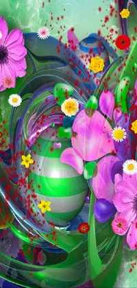 This digital artwork live wallpaper features a stunning close-up of a vase with glass-like flowers, wrapped in ribbons and surrounded by floating spheres and shapes
