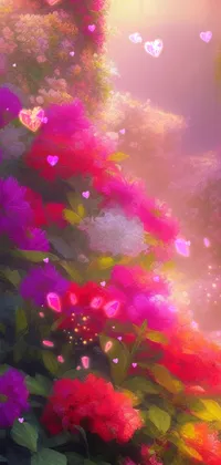 This live phone wallpaper features a colorful and vibrant garden with a digital painting by an artist