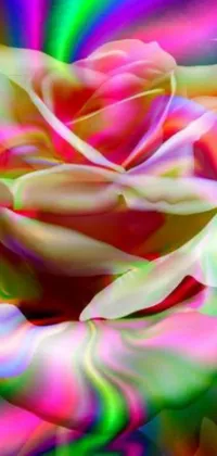 This phone live wallpaper features a close-up view of a pink rose on a colorful background inspired by lyrical abstraction and flowing neon-colored silk