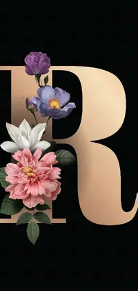 This phone live wallpaper showcases a stunningly intricate digital rendering of the letter "R" adorned with delicate flowers and leaves