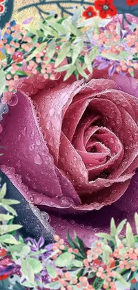 This live phone wallpaper showcases a close-up of a flower covered in water droplets, making for a highly detailed digital image