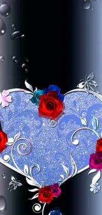 This phone live wallpaper features a heart with roses in blue silver, black, and red gradient, perfect for iPhone 15 background