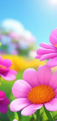 This phone live wallpaper features a digital painting of pink flowers on a green field, captured with an ultrawide camera lens and perfect for 4K displays