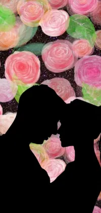 This live wallpaper features a romantic silhouette of a couple kissing, set against a galaxy of flowers in shades of red and pink