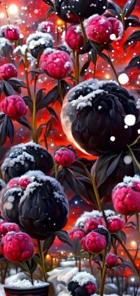 This phone live wallpaper showcases a stunningly detailed painting of a bunch of flowers covered in snow