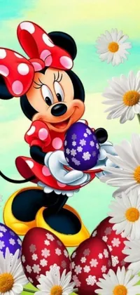 This delightful live wallpaper brings the magic of Easter and Disney together! A digital art rendition of a beloved cartoon mouse holding a bright Easter egg is set against a field of daisies
