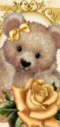 This live wallpaper showcases a digital rendering of a cute teddy bear holding a rose