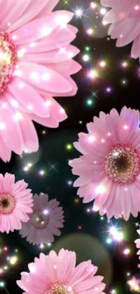 This live wallpaper features a beautiful digital artwork depicting pink flowers sitting on a wooden table