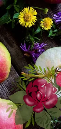 Enjoy a stunning phone live wallpaper featuring a beautiful arrangement of apples on a vintage wooden table with colorful flowers and plants, perfect for adding to your device's aesthetic