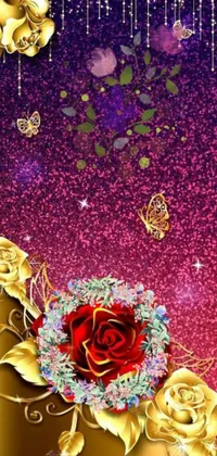 This phone live wallpaper features a stunning red rose on a purple and gold background