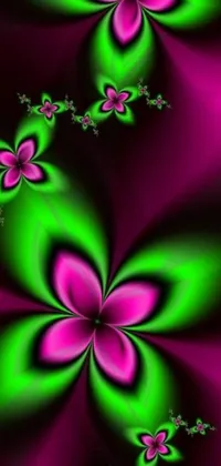 This live wallpaper features gorgeous green and pink flowers set against a vibrant purple background, inspired by the fascinating world of fractal geometry