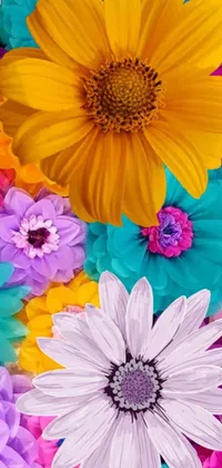 The colorful and vibrant phone live wallpaper features a digital painting of a bouquet of flowers in Lisa Frank style