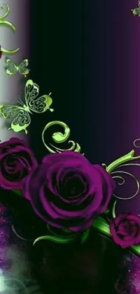 This captivating live phone wallpaper features a stunning design in purple and gold, with delicate roses and vibrant butterflies set against a background of greens and blacks