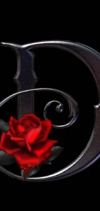 This phone live wallpaper features a digitally created red rose resting atop a metal letter "g", styled in a chrome hearts and dreamlike direction