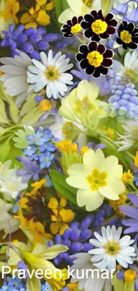 This captivating phone live wallpaper showcases a stunning close-up of a bouquet of spring flowers in vibrant shades of yellow, green, and blue