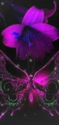 This phone live wallpaper showcases a stunning butterfly and flower on a black background, with neon purple accents that exude a futuristic vibe