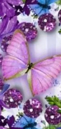 This captivating phone live wallpaper features a stunning purple butterfly perched on top of blooming purple flowers, accentuated with sparkling gems for an elegant touch