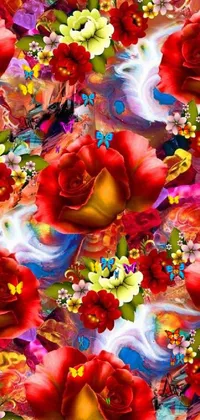 This live wallpaper showcases a bouquet of red roses resting on a table against a psychedelic garden flower pattern background