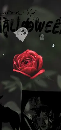 Decorate your phone screen with an eerie, vintage-inspired live wallpaper featuring a black dog and a red rose, accompanied by a spooky poster and ghostly apparitions