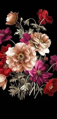 Introducing a lovely live wallpaper for your phone, featuring a captivating bouquet of flowers against a striking black backdrop