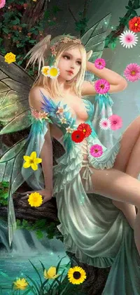 This stunning phone live wallpaper features a beautiful fairy sitting atop a tree with ethereal wings, designed in teal