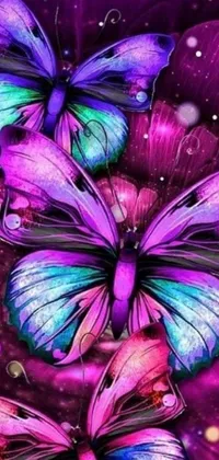 This phone live wallpaper features three purple butterflies resting on a glowing purple flower in an animated digital art style