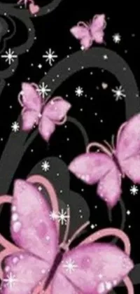 Discover a captivating phone live wallpaper adorned with a beautiful image of pink butterflies contrasted on a mystifying black background
