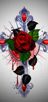 This live wallpaper for your phone features a gothic-style vector art design of a red rose on top of a cross, against a gray background