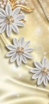 This stunning digital phone live wallpaper features a beautiful dress with intricate white and gold floral designs