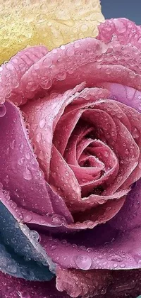This phone live wallpaper depicts a hyper-realistic image of a water droplet adorned rose