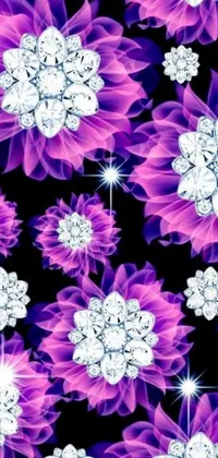 This stunning phone live wallpaper showcases a collection of purple flowers adorned with exquisite diamond crystals, reminiscent of dazzling jewels