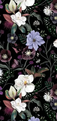 This live wallpaper showcases a stunning collection of purple and white flowers set against a black background
