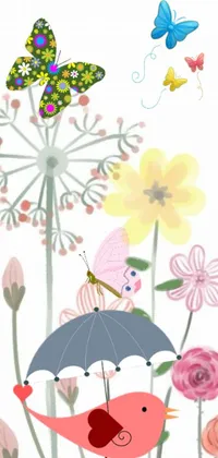 This whimsical live wallpaper for phones features an adorable bird carrying a colorful umbrella while standing in a field of vibrant flowers