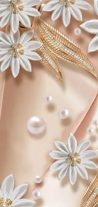 This phone live wallpaper showcases a stunning digital art design of flowers and pearls on a cloth