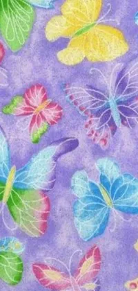 Get lost in a world of magic and wonder with this stunning phone live wallpaper! Featuring a vibrant purple background and colorful butterfly graphics in shades of pink, blue, and green, this design is sure to enchant you