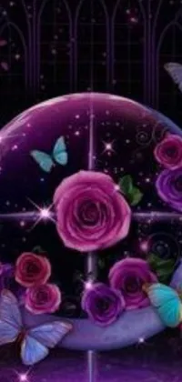 This live wallpaper features a glass ball filled with vibrant purple roses and elegant butterflies