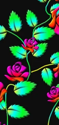 A colorful and vibrant rose pattern livens up this phone live wallpaper against a black backdrop