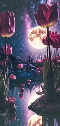 This phone live wallpaper features a stunning field of flowers set against a full moon in the background