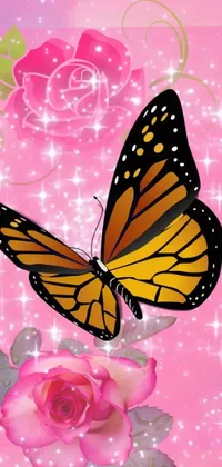 Enhance the beauty of your phone screen with this stunning live wallpaper featuring a brilliantly colored butterfly perched on a pink rose