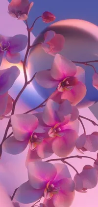 This phone live wallpaper features a beautiful vase of flowers with a reflective orchid and intricate digital art in shades of pink and blue